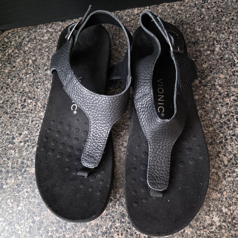 Vionic Terra Sandals Women Size 9 Black Leather Toe Post Orthotic Comfort - Picture 3 of 10